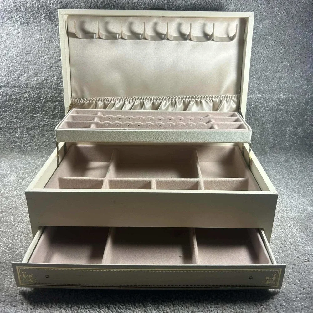 Mele Jewelry Box Cream Vintage Multi Tier Drawer Faux Leather